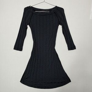 Three Dots Bloomingdale's Striped Ribbed Dress Medium M Made in USA Gray Black
